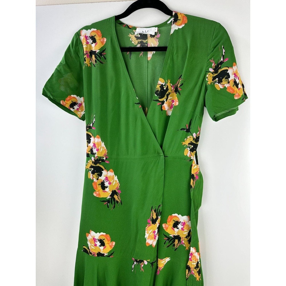 A.L.C. 100% Silk Cora Wrap Dress Green Floral Tie V-Neck SS Women's Size 4 ALC - Picture 12 of 16